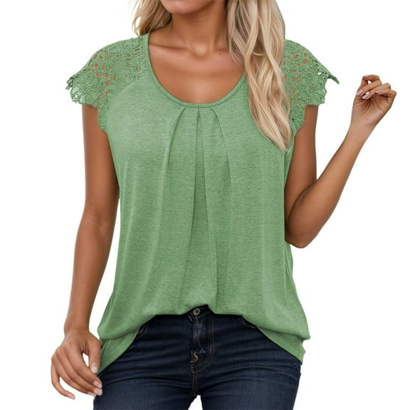 SHITINN Womens Basic Tops Womens Lace Tops Pleated Short Sleeve Shirts Summer Business Casual Dressy Blouses Short Sleeve Tops Womens Summer Shirts