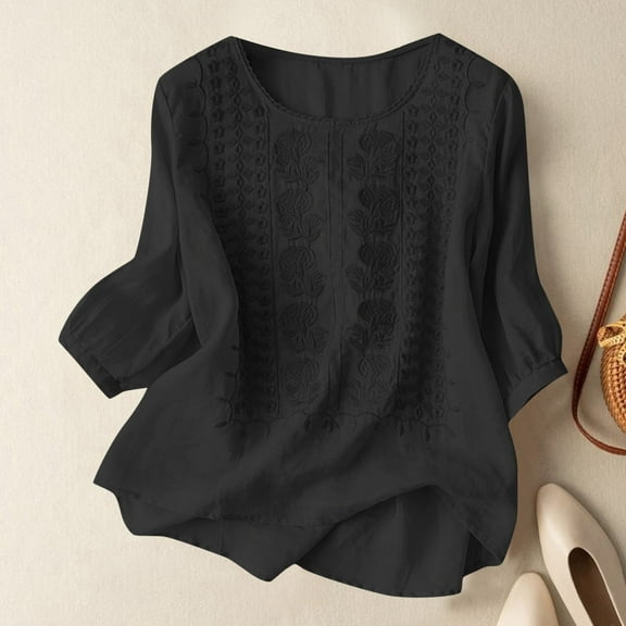 SHITINN Womens Blouse Women's Neck Floral Embroidered T Shirt Casual Summer Top for Daily Vacation Wear with Pu Womens Short Sleeve Blouses Spring Tops for Women