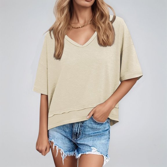 SHITINN Womens Blouses Casual Solid Color Short Sleeve V Neck T Shirt Cute Short Sleeve Tops for Women Women's Clothing