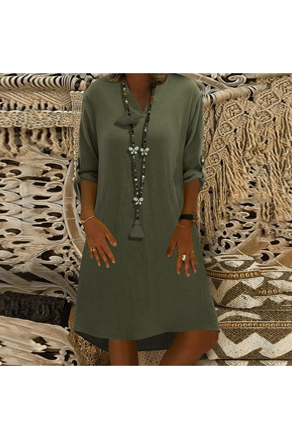 Womens Blouses Women's Solid Long Sleeve 3/4 Sleeve Shirt Dress Casual Maxi Button Down Blouse Top Women's Short Sleeve Tops Women Clothing