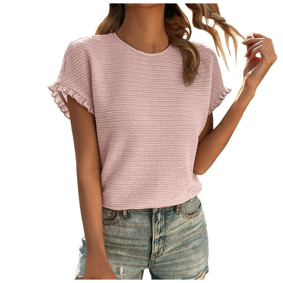 SHITINN Womens Blouses Women's Textured Tops Summer Trendy Ruffle Short Sleeve Dressy Casual Blouse Shirt Womens Short Sleeve Shirts Summer Top