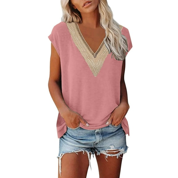 SHITINN Womens Cap Sleeve Summer Tops Trendy Tank Tops Floral Print Lace V Neck Loose Fit Shirts Women Short Sleeve Tops Tunic Tops Woman Shirts