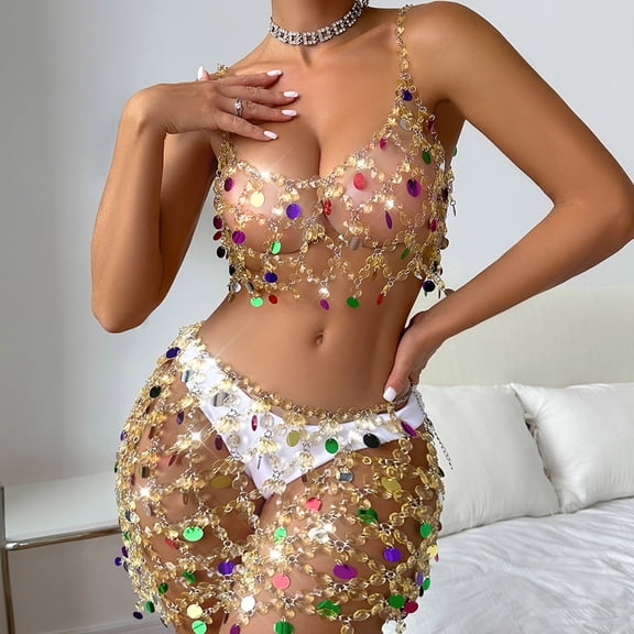 SHITINN Womens Colorful Sequins Short Skirt Rhinestones Waist Chain Body Jewelry Up Skirt for Nightclub Festival Party Apparel Women Tops Fashion Tops Sleeveless Top Long 3xl Crop Top Baggy Top