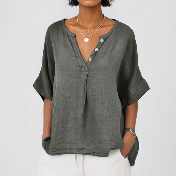 SHITINN Womens Linen Button Down Shirts V Neck Half Sleeve Casual Tops Spring Summer Fashion Loos Womens Tee Short Sleeve Blouses Summer Clothes for Women
