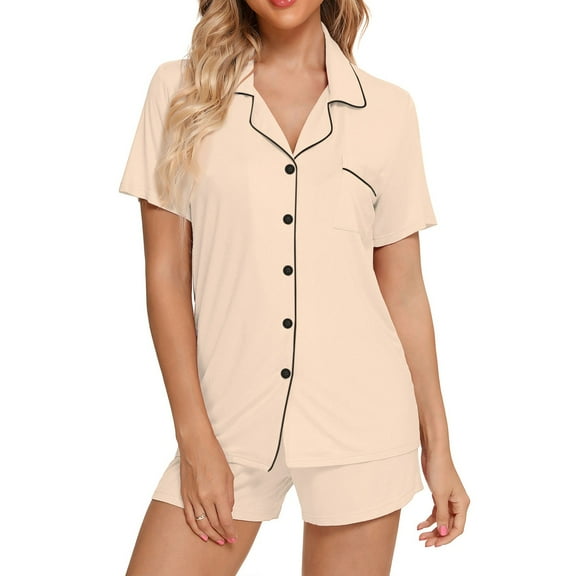 SHITINN Womens Pajamas Set Short Sleeve Sleepwear Button Down Nightwear Shorts Soft Home Wear Sets Warm Pajama Set for Women Slick Pajamas for Women Pajamas for Teen