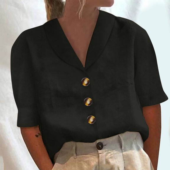 SHITINN Womens Shirt Stand Collar Button Casual Long Sleeve Solid Color Top Short Sleeve Shirts for Women Fashion Clothing Blouse for Women