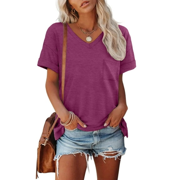 SHITINN Womens Shirts Casual Womens T Shirts Short Sleeve V Neck Tops with Pockets Summer Fashion Trendy Soft Casual C Cute Short Sleeve Tops for Women Loose Fitting Tops for Women