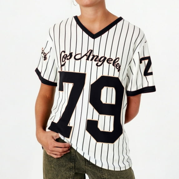 SHITINN Womens Shirts Ladies Casual Loose Fit Street Style Graphic V Neck Short Sleeve T Shirt with Sporty Stri Womens Short Sleeve Tops Women Summer Outfits