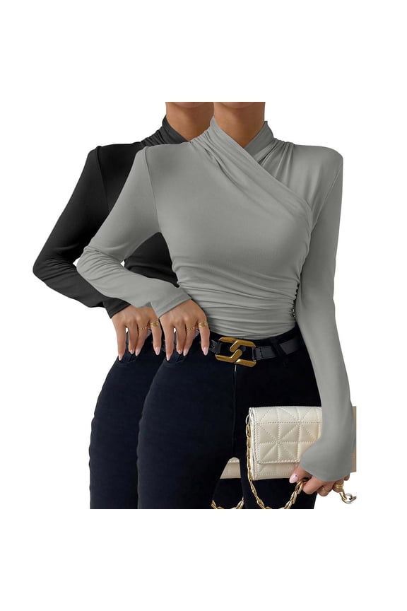 Womens Slim Fitted Deep V Neck Wrap Top Long Sleeve T Shirts Short Sleeve Shirts for Women Women Shirts Casual Summer Tops