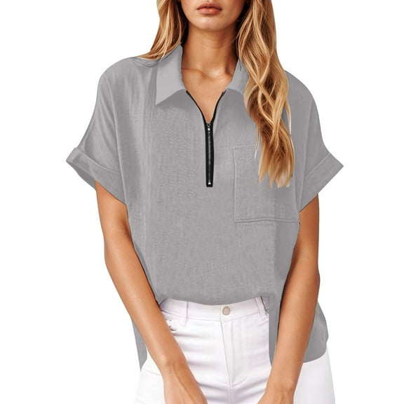 SHITINN Womens Summer Shirts Fashion Lapel Collar Short Sleeves Full Zipper Blouses with Pockets Short Sleeve Tunic Tops for Women Summer Clothes for Women Women Shirts