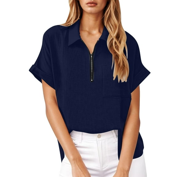 SHITINN Womens Summer Shirts Fashion Lapel Collar Short Sleeves Full Zipper Blouses with Pockets Women Short Sleeve Tops Women's Tops, Tees & Blouses Shirt for Women
