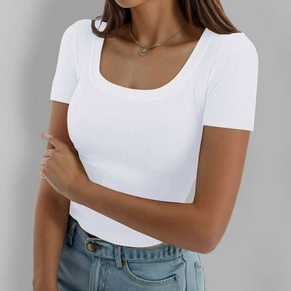 SHITINN Womens Summer Short Sleeve Tops Square Neck Ribbed Slim Fitted Shirts Casual Tee Tshirt Women's Short Sleeve Tops Women Summer Top Womens Tshirt