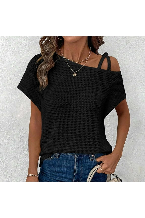Womens Summer Tops Off One Shoulder Knit Short Sleeve T Shirts Casual Lightweight Solid C Cute Short Sleeve Tops for Women Woman Shirts Summer Shirts