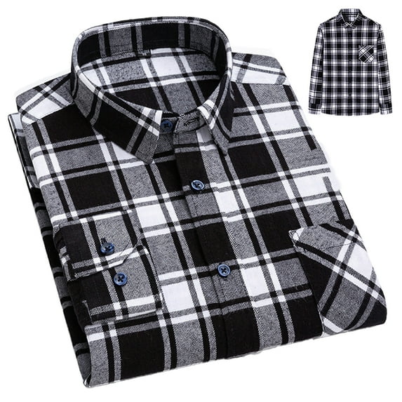 SHIWEN Men's Flannel Shirts Long-Sleeve Spring Fall Dress Shirt Cotton Plaid Blouses for Mens S-6XL