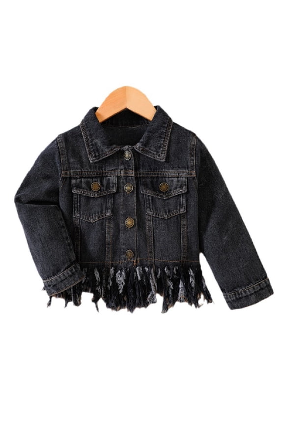 Toddler Baby Girls Jean Jacket Kids Fringe Hem Denim Jacket for Spring Fall Long Sleeve Coat Girls Casual Outerwear 1 -6 Years