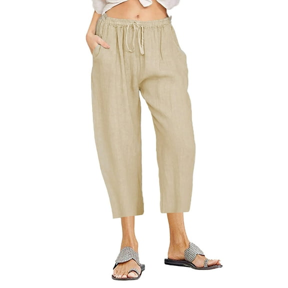 XBASW Women's Summer Pants Casual Trouser with Pockets Cotton Linen Drawstring Capris Pants for Women's S-3 XL