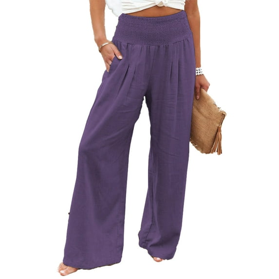 XBASW Womens Summer Wide Leg Pant High Waisted Wide Leg Palazzo Cotton Linen Trousers with Pocket S -3 XL