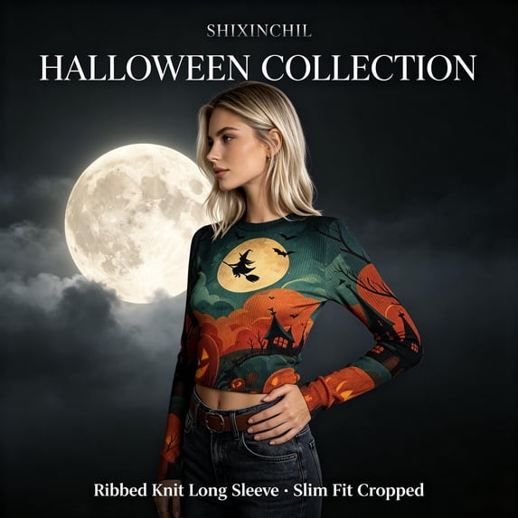 SHIXINCHIL Halloween Shirts Women Long Sleeve Crewneck Tops Cute Printed Stretch Ribbed Knit Tees Slim Fitted Holiday Festival Blouses Multicolor M