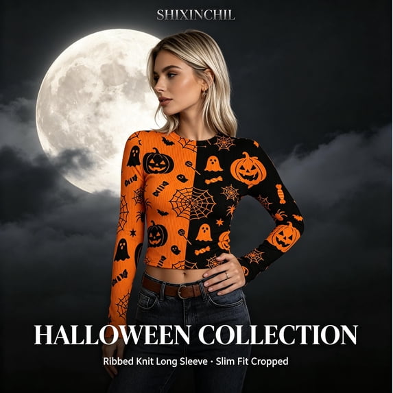 SHIXINCHIL Ribbed Knit Crop Tops for Women Funny Halloween Long Sleeve T Shirts Cute Graphic Print Tees Fall Holiday Pullover Jumper Top Multicolor XXL