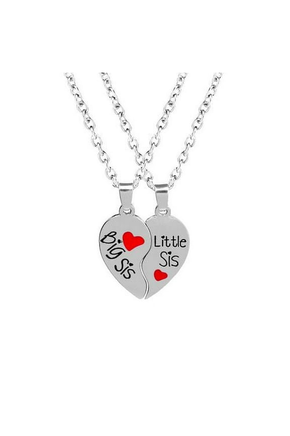 2Pcs/Set Matching Necklace Big Sis Little Sis Split Heart Halves Sisters Jewelry Gift Set(Silver)