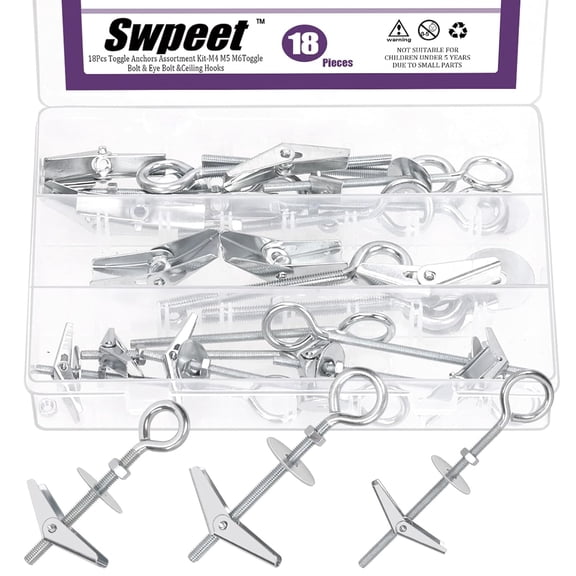 SHIYOU-18 Set M4 M5 M6 Eye Bolt Toggle Bolts and Wing Nut Kit with Hex Nuts, Washers Assortment Kit, Heavy Duty Butterfly Toggle Anchors Swag Hooks for Hanging Heavy Items on Drywall