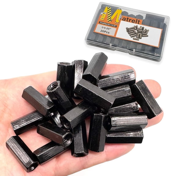 SHIYOU-20Pcs Black 1/4"-20 Hex Coupling Nut, Threaded Rods Nuts Black Zinc Plating Extended Hexagon Rod Coupling Nuts, Threaded Connectors for Full All Threaded Rod, Eyebolts,Wedge Anchor,Chain Links