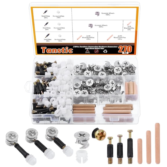 SHIYOU-270Pcs 3 in 1 Furniture Connecting Hardware Connectors Kit, Furniture Cam Lock Fasteners Including Cam Lock Fittings with Dowel, Pre-Inserted Nut, Wood Dowel Pins Furniture Crib Screws