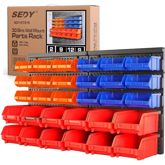 SHIYOU-30-Bin Wall-Mounted Storage Rack System - Heavy-Duty Garage Tool Organizer for Screws, Nuts, Bolts, Nails, Beads, and Small Hardware Parts - Easy Installation and Customizable Red Blue Orange