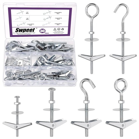 SHIYOU-30 Set 3 Styles Toggle Bolts and Wing Nut Kit with Hex Nuts, Washers Assortment Kit, Spring Toggle Bolt, Eye Toggle Bolt, Ceiling Hooks Bolts, Heavy Duty Butterfly Toggle Anchors Hooks Drywall