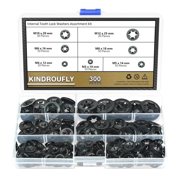 SHIYOU-300 Pieces Internal Tooth Star Lock Washers, 7 Sizes Quick Speed Locking Washers, Push on Retaining Clips Assortment Kit (M3, M4, M5, M6, M8, M10, M12)
