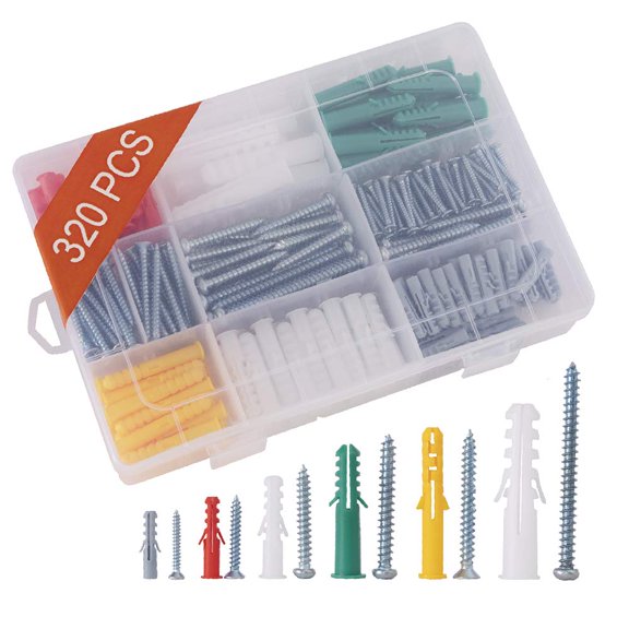 SHIYOU-320PCS Plastic Drywall Wall Anchors Screw Assorment Kit, Self Tapping Screws and Ribbed Wall Anchors, Assorted Sizes Wall Plug Bolts Expansion Bolt for Wallboard Concrete Pciture Hanging
