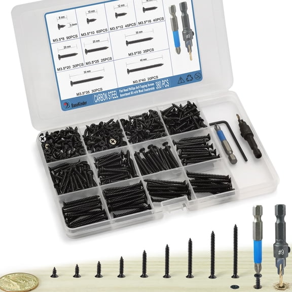 SHIYOU-380PCS Flat Head Phillips Wood Screws Assortment Kit, Carbon Steel Self-Tapping Screw with Adjustable Wood Countersink (CSQ235 M3.5)