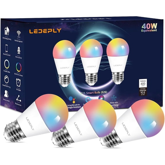 SHIYOU-A15 LED Smart Bulb, Compatible with Alexa, Google Home, E26, 5W=40W, Color Changing, Dimmable WiFi Light Bulbs, No Hub Required, 3 Pack