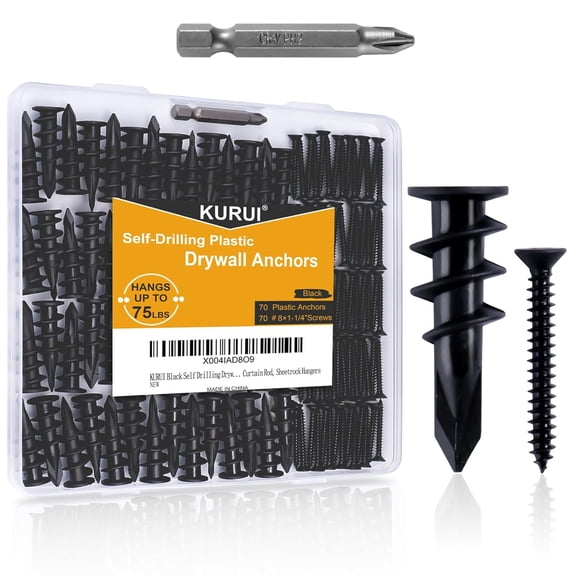 SHIYOU-Black Self Drilling Drywall Anchors, 140PCs #8 Dry Wall Anchors and Flat Head Screws Kit, 70 Anchors + 70 Screws, 75LB Heavy Duty Hanging for Picture Frames Wall Decor Art, Sheetrock Hangers
