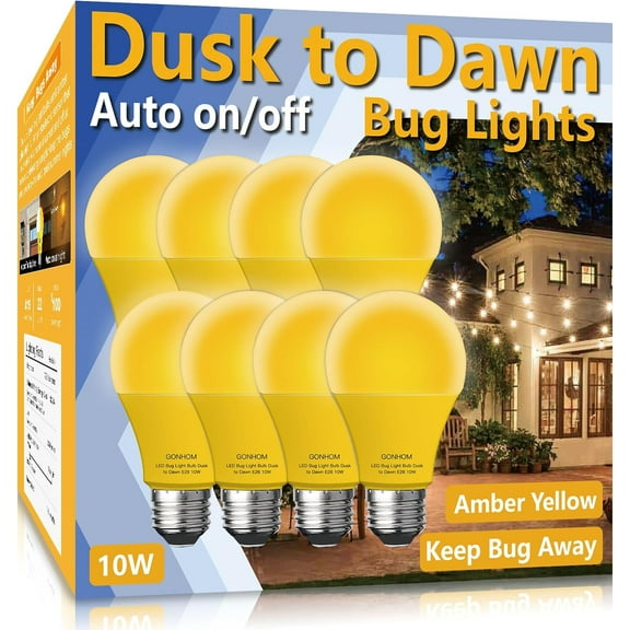 SHIYOU-Dusk to Dawn Bug Light Bulb Outdoor,8 Pack Amber Bug Light Bulb,Auto On/Off,10W(100W Equivalent),E26 Base,Bug Lights for Outside.Home Hallway Porch Lights.Decorative Lamps.Bedroom