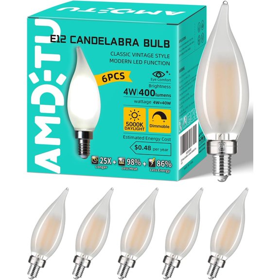 SHIYOU-E12 Type C 5000k Bright 40 Watt Equivalent Frosted LED Bulb Candelabra Candle Dimmable Small Base Chandelier Light Ideal for Dining Rooms Living Rooms and bedrooms Long Lasting Light