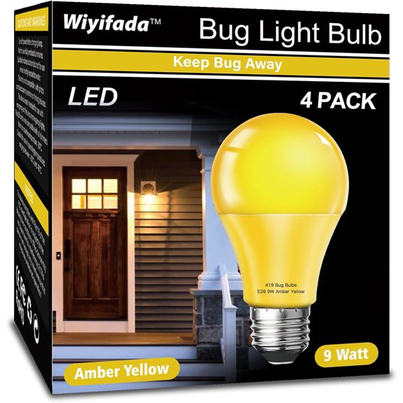 SHIYOU-LED Bug Light Bulbs Outdoor 4 Pack,9W Amber Yellow Bug Light Bulbs Replace up to 100W, A19 Bug Lights for Outside, Bedroom, Hallway Porch Light