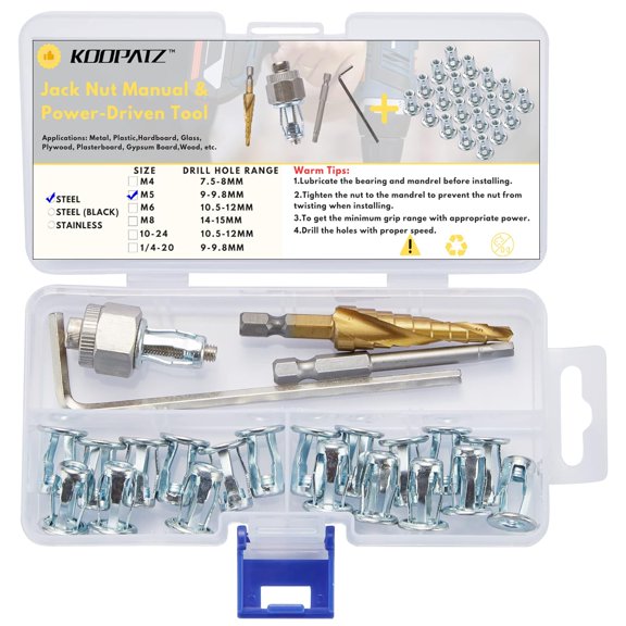 SHIYOU-M5 Jack Nut with Installation Tool Kit Threaded Insert Petal Nuts Nutserts Jacknut Srew Anchor Spider Rivnut Blind for Plastic Polywood Pressboard Hardboard