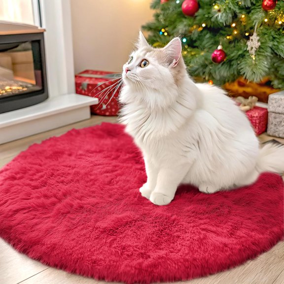 SHIYOU-Red Round Rugs for Bedroom - Machine Washable, 2' Circle Area Rugs for Living Room, Soft and Fluffy Shaggy Carpet for Teen Girls and Boys, Nursery Rooms, Dorms, Home Decor Aesthetic