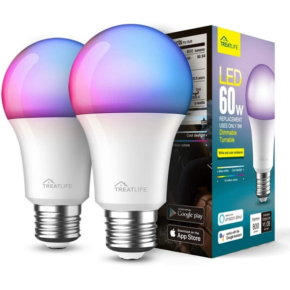 SHIYOU-Treatlife Smart Light Bulb, Dimmable Multicolor and White LED Bulb, Compatible with Alexa, Google Assistant, A19 E26 8W (60W Equivalent), No Hub Required, 2 Pack
