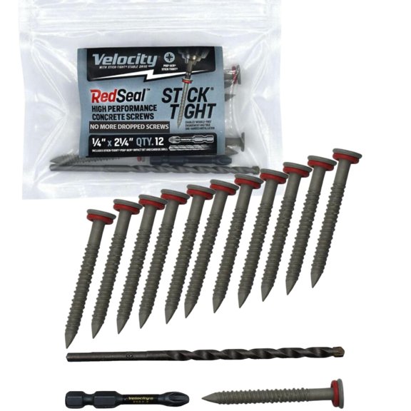 SHIYOU-Velocity 2 1/4 Concrete Screws (Flat Head, 1/4") - Includes 12 High-Performance Cement Screws for Concrete with RedSeal Moisture Barrier, 1 PSD ACR Drive Bit and 1 Carbide Concrete Drill Bit