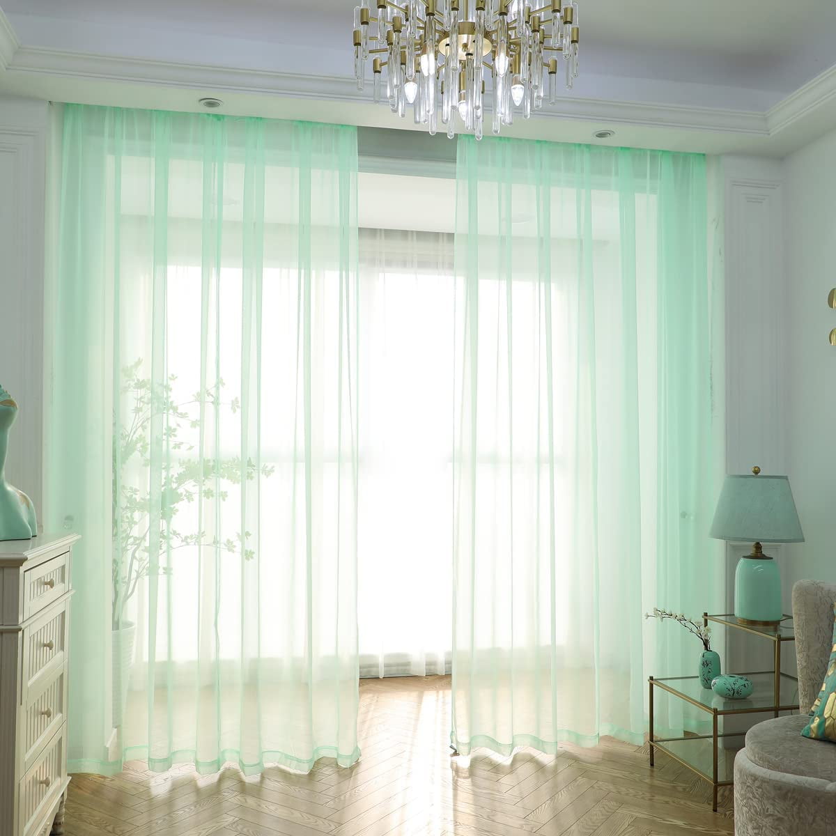 SHIYOU-Window Sheer Light Green Curtains 140 Inches Long 2 Panels Sheer Curtains Sheer Curtain Clear Transparent Basic Rod Pocket Panel 15 Colors 10 Size for Bedroom Living Room Yard Kitchen