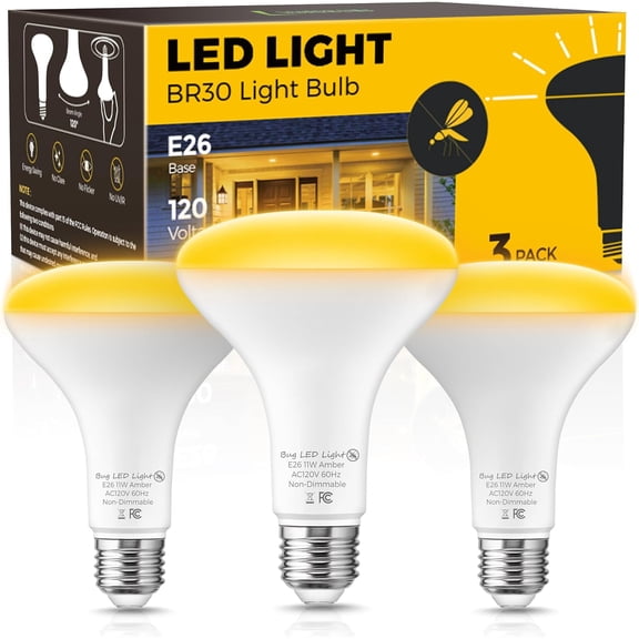 SHIYOU-Yellow Bug Light Bulbs Outdoor, 65W Equivalent BR30 Bug Flood Lights for Outside, Non-Attracting, 11W Amber Porch Lights, E26 Base, Non-Dimmable, for Patio Deck Backyard, 3 Pack