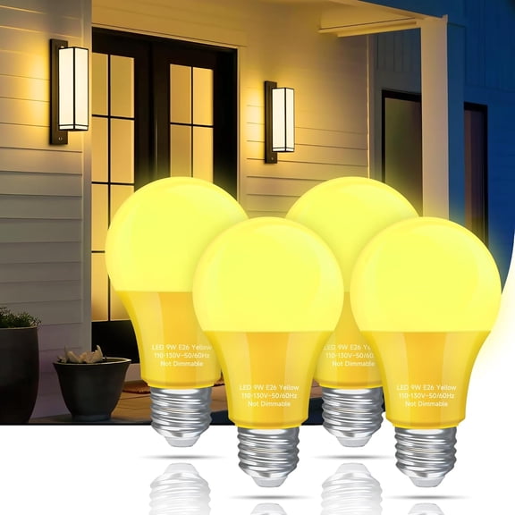 SHIYOU-Yellow Bug Light Bulbs Outdoor, A19 LED Lights 9W, (60W to 100W Equivalent), Amber Yellow, Not-dimmable, E26 Base Bulb for Outside, Nursery, Sleep, Porch Garage, 4 Pack