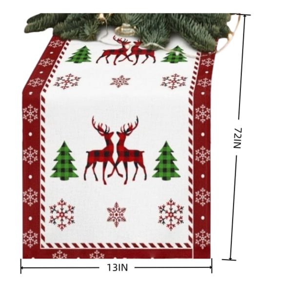 SHJHENG 13 x 72 Inch Buffalo Plaid Reindeer Christmas Table Runner, Linen Textured Snowflake Xmas Table Decor, Red Border Seasonal Tabletop Scarf for Dining Kitchen Holiday Party