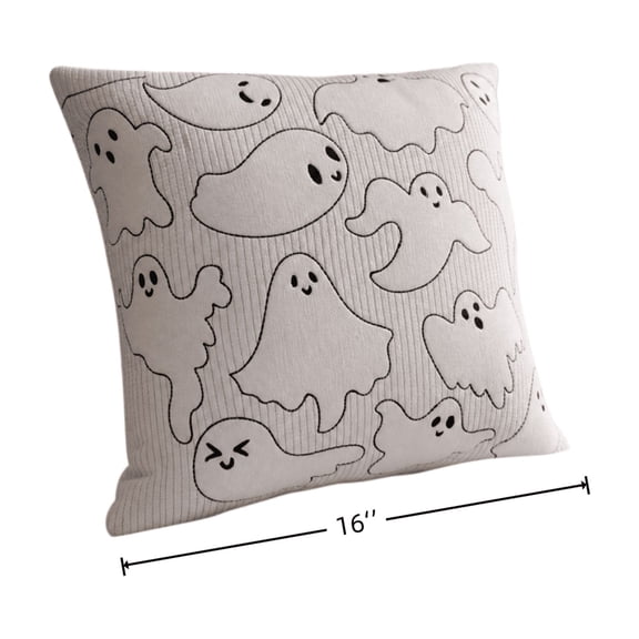 SHJHENG 16x16 Inch Cute Cartoon Ghost Halloween Throw Pillow, Vertical Ribbed Knit Soft Square Stuffed Cushion, White Friendly Ghost Face Decor Pillow for Sofa Couch Bedroom Fall Halloween
