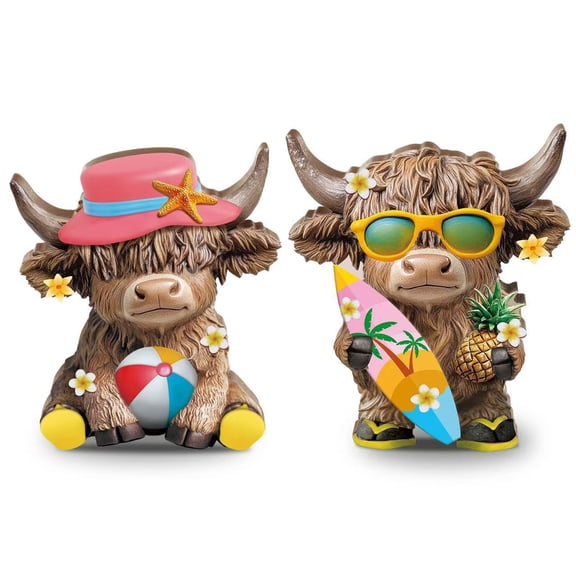 SHJHENG 2 Pack Summer Highland Cow Resin Figurines Set, Cute Beach Theme Highland Cow Statues with Surfboard Pineapple, Funny Cow Figurine for Home Tabletop Shelf Decor
