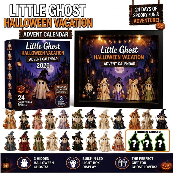 SHJHENG 2026 Little Ghost Halloween Vacation Advent Calendar With LED Light Display Box 24 Collectible Mini Ghost Figurines Countdown Calendar With 3 Hidden Mystery Gh