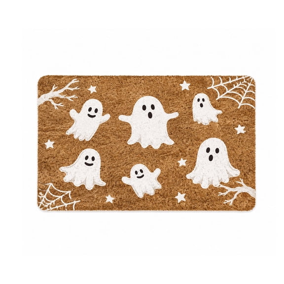 SHJHENG 23.62in×15.75in Coir Halloween Welcome Doormat, Absorbent Wire Loop Floor Rug With Pumpkin Ghost Firework Print, Non Slip Seasonal Entryway Mat For Porch Bathroom Front Door Decor