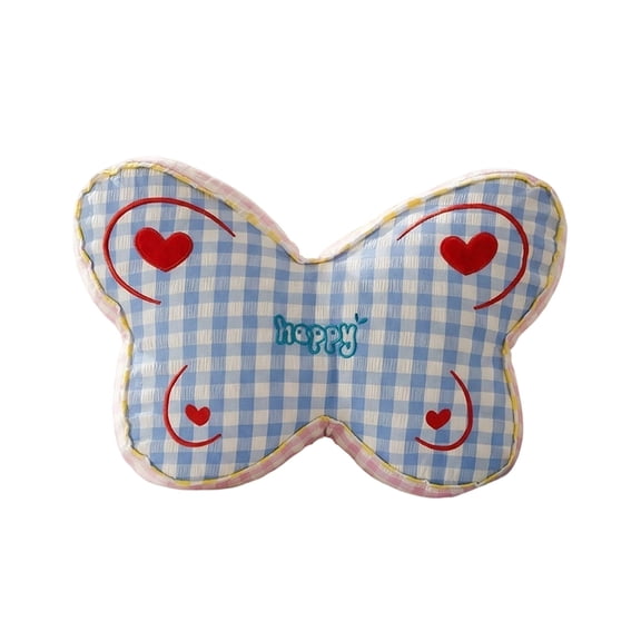 SHJHENG Aesthetic Butterfly Shaped Throw Pillow, Cute Gingham Check Decorative Cushion with Embroidered Heart & "Happy" Lettering, Soft Plush Pillow for Couch, Bed, Living Room & Home Decor